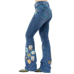 Calça Feminina Zenz Western Jeans Camp Azul Bordados Azul Royal Strass Barra Flare Ref:ZWO126039-1673