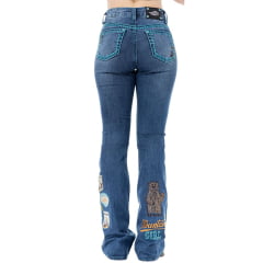 Calça Feminina Zenz Western Jeans Camp Azul Bordados Azul Royal Strass Barra Flare Ref:ZWO126039-1673