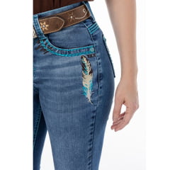 Calça Feminina Zenz Western Jeans Camp Azul Bordados Azul Royal Strass Barra Flare Ref:ZWO126039-1673