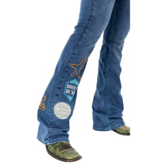 Calça Feminina Zenz Western Jeans Camp Azul Bordados Azul Royal Strass Barra Flare Ref:ZWO126039-1673