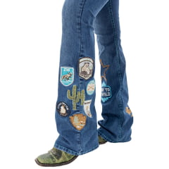 Calça Feminina Zenz Western Jeans Camp Azul Bordados Azul Royal Strass Barra Flare Ref:ZWO126039-1673