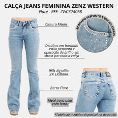 Calça Feminina Zenz Western Jeans Campfire Com Bordado Bolsos E Com Strass Flare REF: ZW0324007-1362