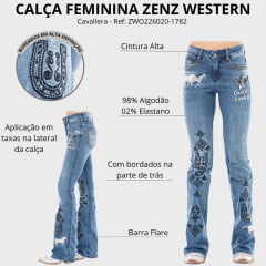 Calça Feminina Zenz Western Jeans Cavellera Azul Médio Flare Bordado Ref:ZWO226020-1782