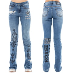 Calça Feminina Zenz Western Jeans Cavellera Azul Médio Flare Bordado Ref:ZWO226020-1782