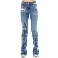 Calça Feminina Zenz Western Jeans Cavellera Azul Médio Flare Bordado Ref:ZWO226020-1782