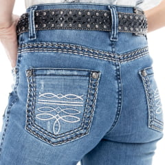 Calça Feminina Zenz Western Jeans Cavellera Azul Médio Flare Bordado Ref:ZWO226020-1782