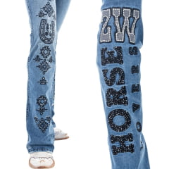 Calça Feminina Zenz Western Jeans Cavellera Azul Médio Flare Bordado Ref:ZWO226020-1782