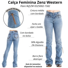 Calça Feminina Zenz Western Jeans Cottage Com Bordados Azul E Bege Com Detalhes Na Barra Ref:ZW 0325002-1582