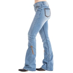 Calça Feminina Zenz Western Jeans Cottage Com Bordados Azul E Bege Com Detalhes Na Barra Ref:ZW 0325002-1582