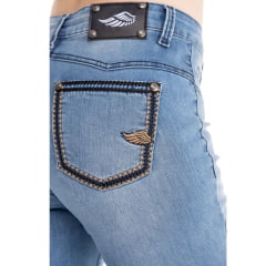 Calça Feminina Zenz Western Jeans Cottage Com Bordados Azul E Bege Com Detalhes Na Barra Ref:ZW 0325002-1582