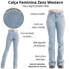 Calça Feminina Zenz Western Jeans Farmland Azul Claro Flare Com Brilho Total Ref:0325004-1606