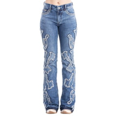Calça Feminina Zenz Western Jeans Jersey Com Bordados Brilhos Barra Flare Desfiada Sem Costura Ref:ZW0325010-1602