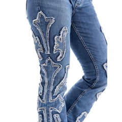 Calça Feminina Zenz Western Jeans Jersey Com Bordados Brilhos Barra Flare Desfiada Sem Costura Ref:ZW0325010-1602
