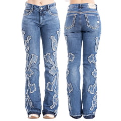 Calça Feminina Zenz Western Jeans Jersey Com Bordados Brilhos Barra Flare Desfiada Sem Costura Ref:ZW0325010-1602