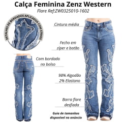 Calça Feminina Zenz Western Jeans Jersey Com Bordados Brilhos Barra Flare Desfiada Sem Costura Ref:ZW0325010-1602