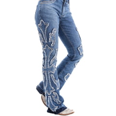 Calça Feminina Zenz Western Jeans Jersey Com Bordados Brilhos Barra Flare Desfiada Sem Costura Ref:ZW0325010-1602
