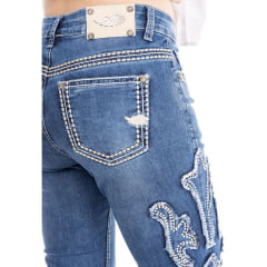 Calça Feminina Zenz Western Jeans Jersey Com Bordados Brilhos Barra Flare Desfiada Sem Costura Ref:ZW0325010-1602