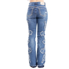 Calça Feminina Zenz Western Jeans Jersey Com Bordados Brilhos Barra Flare Desfiada Sem Costura Ref:ZW0325010-1602