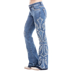 Calça Feminina Zenz Western Jeans Jersey Com Bordados Brilhos Barra Flare Desfiada Sem Costura Ref:ZW0325010-1602