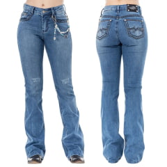 Calça Feminina Zenz Western Jeans Lake Azul Médio Flare Bordado Pena Na Lateral Com Enfeite Ref:ZW0126038-1661