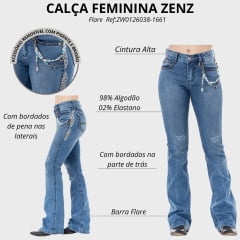 Calça Feminina Zenz Western Jeans Lake Azul Médio Flare Bordado Pena Na Lateral Com Enfeite Ref:ZW0126038-1661