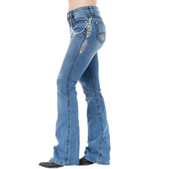 Calça Feminina Zenz Western Jeans Lake Azul Médio Flare Bordado Pena Na Lateral Com Enfeite Ref:ZW0126038-1661