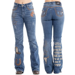 Calça Feminina Zenz Western Jeans Old Farm Com Bordados E Brilhos Barra Flare Ref:ZW0325008-1598