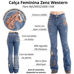 Calça Feminina Zenz Western Jeans Old Farm Com Bordados E Brilhos Barra Flare Ref:ZW0325008-1598