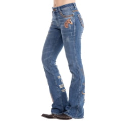 Calça Feminina Zenz Western Jeans Old Farm Com Bordados E Brilhos Barra Flare Ref:ZW0325008-1598