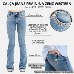 Calça Feminina Zenz Western Jeans Seahorse Com Bordado Cru E Com Brilho E Barra Flare REF: ZW0324004-1358