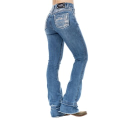 Calça Feminina Zenz Western Jeans Valley Azul Destroyer Flare Barra Desfiada Bordados Strass Ref:ZWO126032-1660