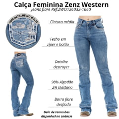 Calça Feminina Zenz Western Jeans Valley Azul Destroyer Flare Barra Desfiada Bordados Strass Ref:ZWO126032-1660