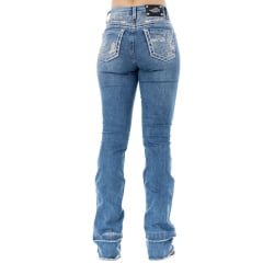Calça Feminina Zenz Western Jeans Valley Azul Destroyer Flare Barra Desfiada Bordados Strass Ref:ZWO126032-1660