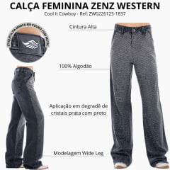 Calça Feminina Zenz Western Jeans Wide Leg Cool It Cowboy Preto Com Strass Ref:ZW0226125-1837