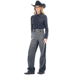 Calça Feminina Zenz Western Jeans Wide Leg Cool It Cowboy Preto Com Strass Ref:ZW0226125-1837