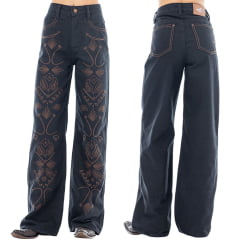 Calça Feminina Zenz Western Jeans Wide Leg Dark Horse Azul Escuro Bordado Ref:ZW0226027-1832