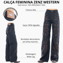 Calça Feminina Zenz Western Jeans Wide Leg Dark Horse Azul Escuro Bordado Ref:ZW0226027-1832