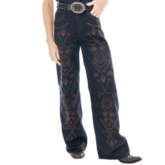 Calça Feminina Zenz Western Jeans Wide Leg Dark Horse Azul Escuro Bordado Ref:ZW0226027-1832