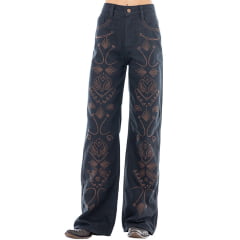 Calça Feminina Zenz Western Jeans Wide Leg Dark Horse Azul Escuro Bordado Ref:ZW0226027-1832