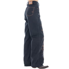 Calça Feminina Zenz Western Jeans Wide Leg Dark Horse Azul Escuro Bordado Ref:ZW0226027-1832