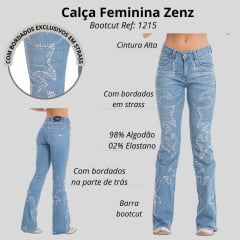 Calça Feminina Zenz Western Saint Georges Jeans Azul Claro Com Bordados De Strass Bootcut Ref:1215