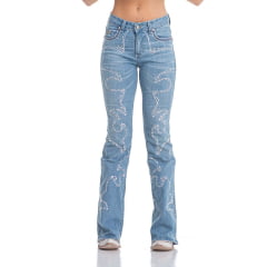 Calça Feminina Zenz Western Saint Georges Jeans Azul Claro Com Bordados De Strass Bootcut Ref:1215