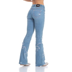 Calça Feminina Zenz Western Saint Georges Jeans Azul Claro Com Bordados De Strass Bootcut Ref:1215