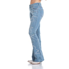 Calça Feminina Zenz Western Saint Georges Jeans Azul Claro Com Bordados De Strass Bootcut Ref:1215