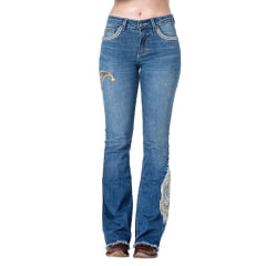 Calça Feminina Zenz Western Wild Flower Jeans Azul Bootcut Com Bordado De Flor Com Brilho Nas Laterais Ref:1300