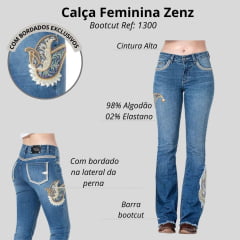 Calça Feminina Zenz Western Wild Flower Jeans Azul Bootcut Com Bordado De Flor Com Brilho Nas Laterais Ref:1300