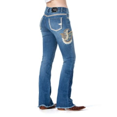 Calça Feminina Zenz Western Wild Flower Jeans Azul Bootcut Com Bordado De Flor Com Brilho Nas Laterais Ref:1300