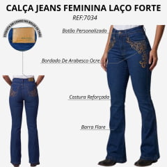Calça Feminina Laço Forte Bordado Arabesco Ocre Nos Bolsos REF:7034