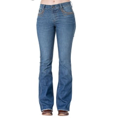 Calça Jeans Feminina Zenz Western Duton Azul Stone Flare Com Bordado No Bolso Frente e Verso Ref.1283Dutton