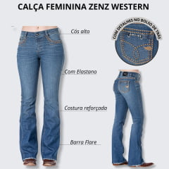 Calça Jeans Feminina Zenz Western Duton Azul Stone Flare Com Bordado No Bolso Frente e Verso Ref.1283Dutton